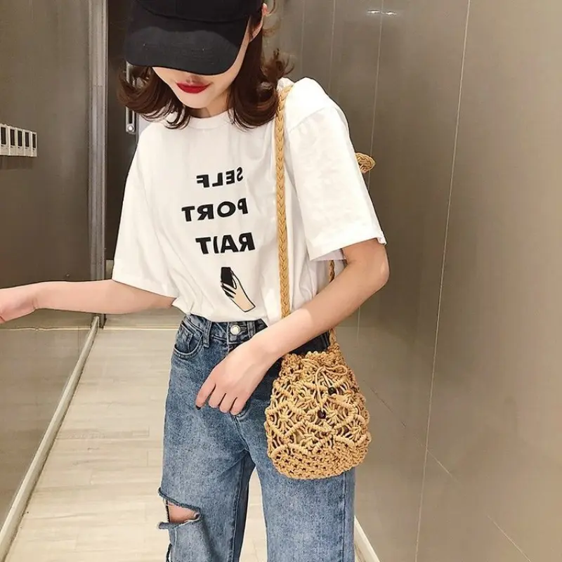 Cotton Rope Bucket Shoulder Bag For Women Handamade Woven Handbag Summer Beach Bag Drawstring Crossbody Bag Purse Bolsa