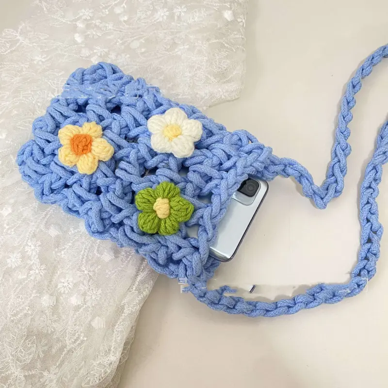 Flower Phone Bag Knitted Mobile Phone Bag Women's Hollow Out Woven Bag Girl Knitting Mini Crossbody Bag Messenger Bag