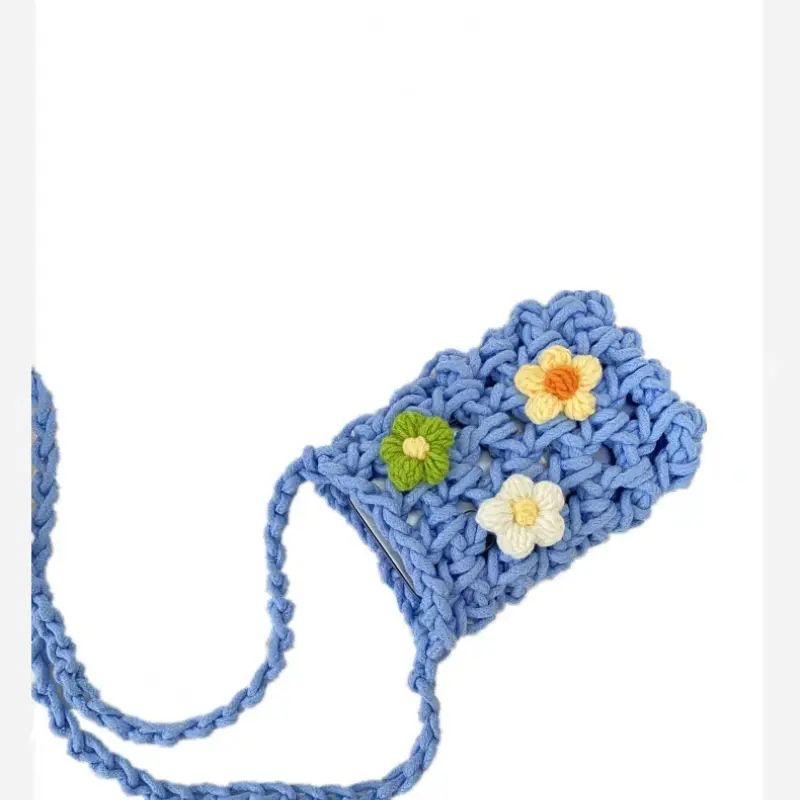 Flower Phone Bag Knitted Mobile Phone Bag Women's Hollow Out Woven Bag Girl Knitting Mini Crossbody Bag Messenger Bag