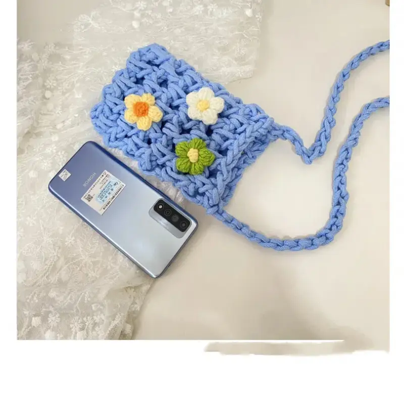Flower Phone Bag Knitted Mobile Phone Bag Women's Hollow Out Woven Bag Girl Knitting Mini Crossbody Bag Messenger Bag