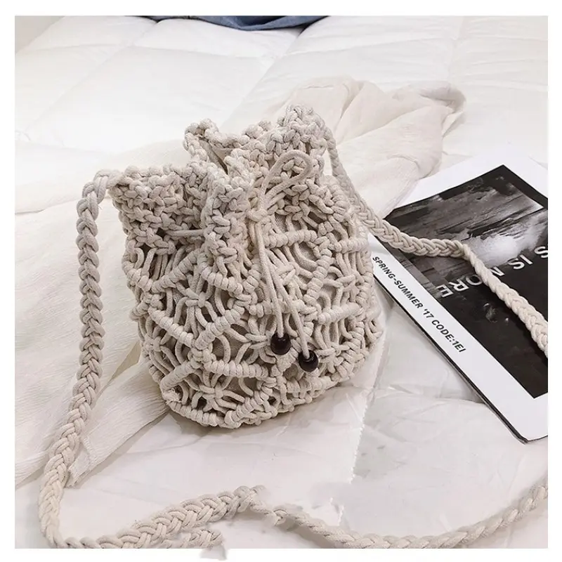 Cotton Rope Bucket Shoulder Bag For Women Handamade Woven Handbag Summer Beach Bag Drawstring Crossbody Bag Purse Bolsa