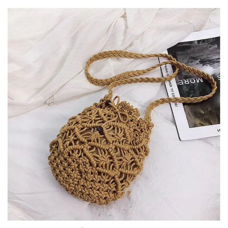 Cotton Rope Bucket Shoulder Bag For Women Handamade Woven Handbag Summer Beach Bag Drawstring Crossbody Bag Purse Bolsa