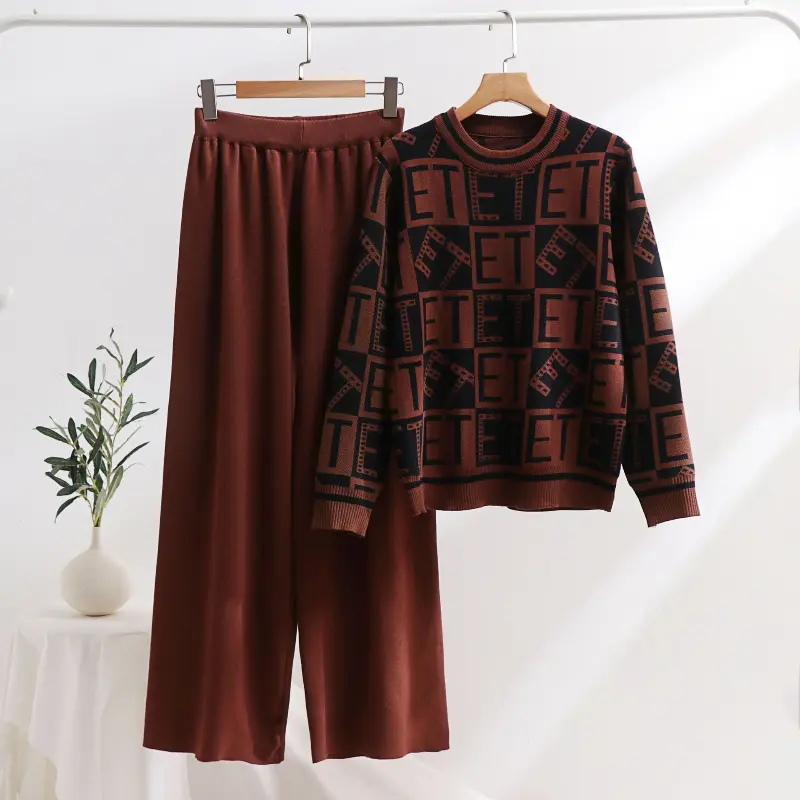 High Waisted Long Pants Knitted Sweater Set Round Neck Checkered ET Long Sleeved Top Simple Home Daily Casual Two-piece Set