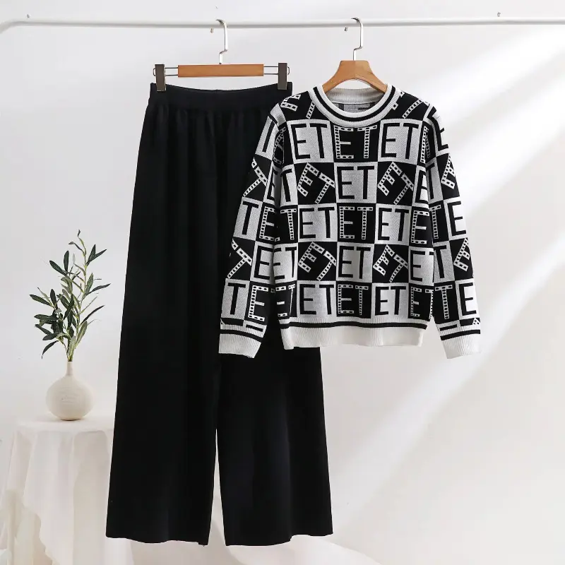 High Waisted Long Pants Knitted Sweater Set Round Neck Checkered ET Long Sleeved Top Simple Home Daily Casual Two-piece Set