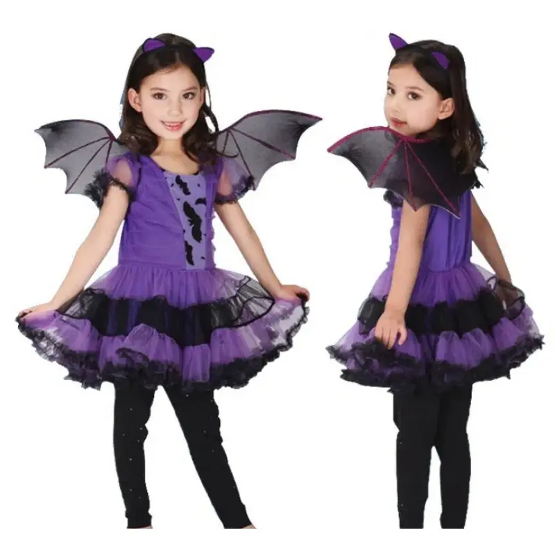 Role Play Clothing Children Kids Girls Purple Bat Vampire Princess Dress Fancy Cosplay Costume Witch Clothes With Wing Halloween