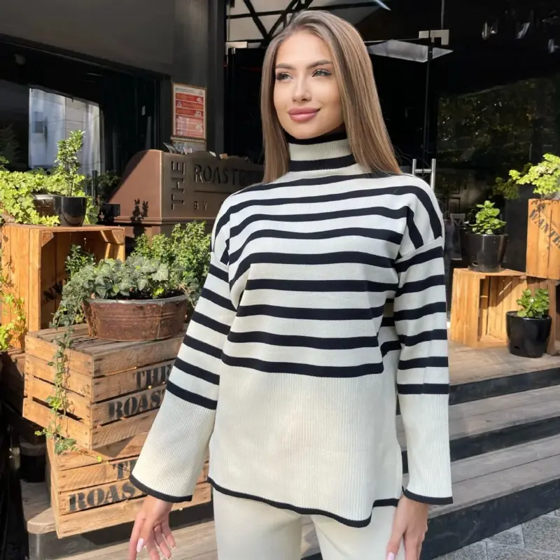 Striped Turtleneck Sweater Pants Set Women'S Long-Sleeved Loose Outer Slit Top Warm Thickened Knit Casual Streetwear Tops