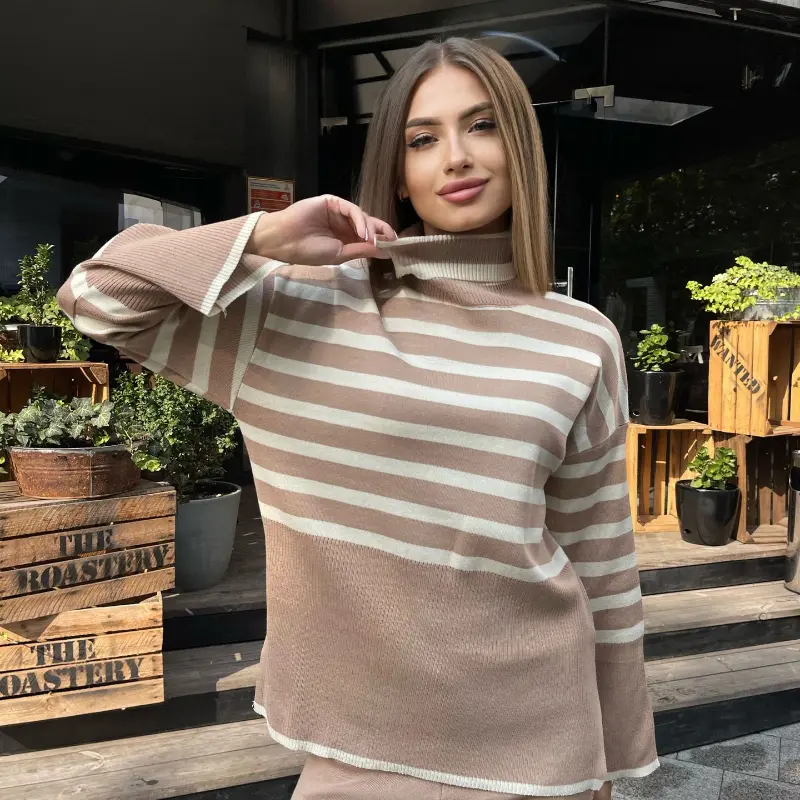 Striped Turtleneck Sweater Pants Set Women'S Long-Sleeved Loose Outer Slit Top Warm Thickened Knit Casual Streetwear Tops