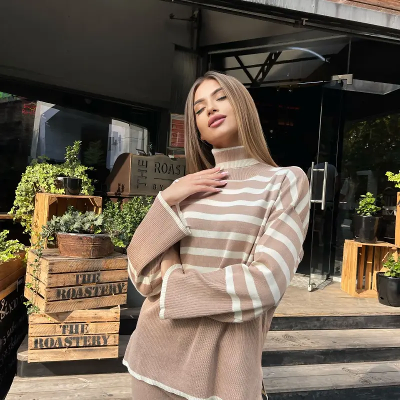 Striped Turtleneck Sweater Pants Set Women'S Long-Sleeved Loose Outer Slit Top Warm Thickened Knit Casual Streetwear Tops