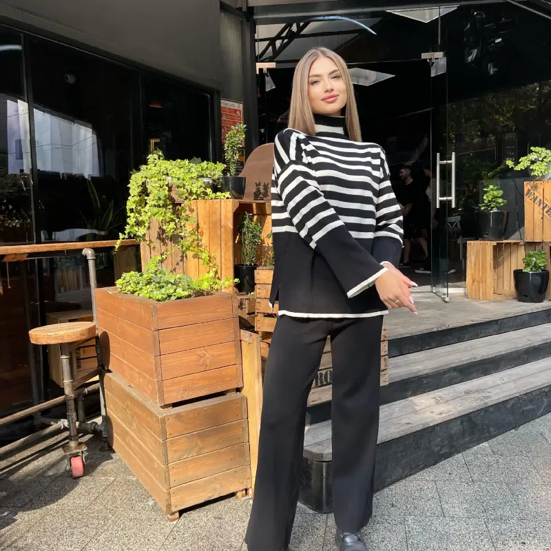 Striped Turtleneck Sweater Pants Set Women'S Long-Sleeved Loose Outer Slit Top Warm Thickened Knit Casual Streetwear Tops