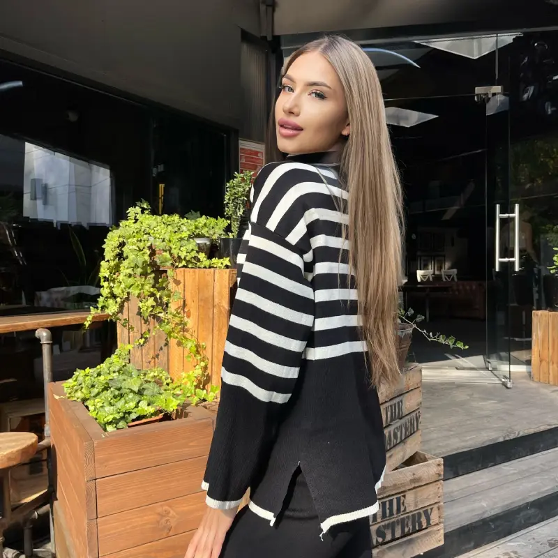 Striped Turtleneck Sweater Pants Set Women'S Long-Sleeved Loose Outer Slit Top Warm Thickened Knit Casual Streetwear Tops