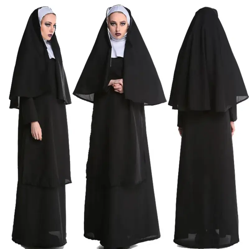 New Medieval Cosplay Women and Men Nun Costumes Priest Monastery Maria Halloween Carnival Party Performance Black Clothing