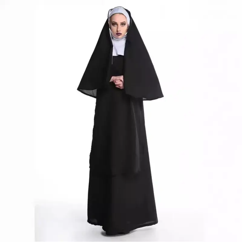 New Medieval Cosplay Women and Men Nun Costumes Priest Monastery Maria Halloween Carnival Party Performance Black Clothing