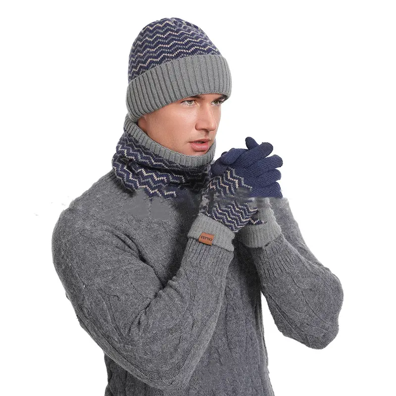 1Set Warm Soft Winter Fleece-lined Knitted Hat Scarves And Touch Screen Gloves 3-Piece Set Perfect Ear Neck Warmer Men's Warm