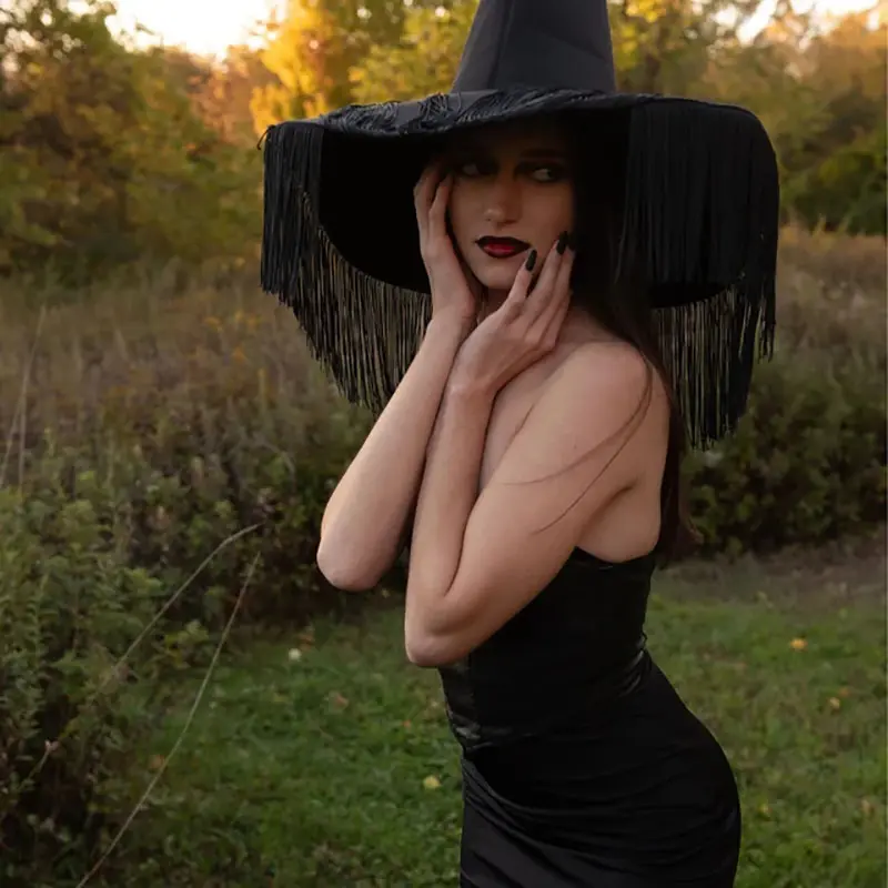 Trendy Black Purple Wrinkled Fringe Witch Hat Tassel/Lace Brim Pleated Halloween Hat Holiday Headdress Brimmed Hat Outdoor