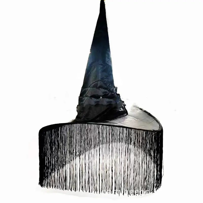 Trendy Black Purple Wrinkled Fringe Witch Hat Tassel/Lace Brim Pleated Halloween Hat Holiday Headdress Brimmed Hat Outdoor