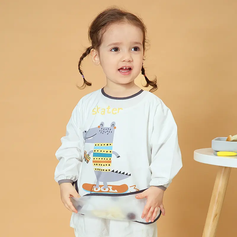 Cartoon Baby Striped Long Sleeve Scarf Waterproof Toddler Art Smock Feeding Bib Apron Pocket Infant Boys Girls Burp Cloth Bibs