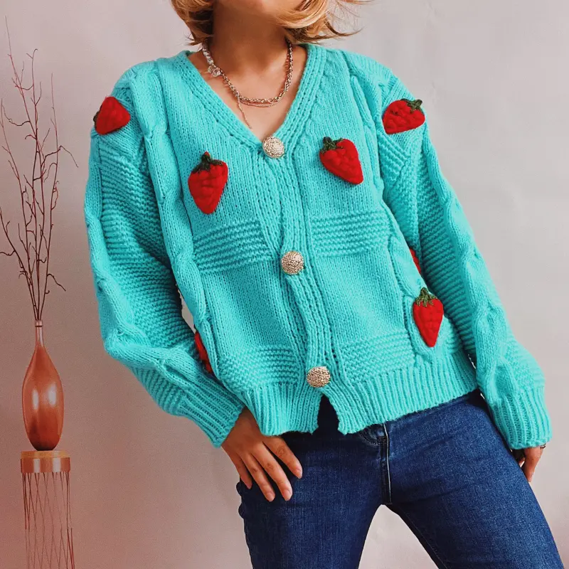 Strawberry Cardigan Women V-Neck Long Sleeves Embroidery Single Breasted Button Sweaters Creative Autumn Winter Casual Relaxed