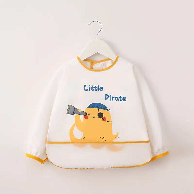 Cartoon Baby Striped Long Sleeve Scarf Waterproof Toddler Art Smock Feeding Bib Apron Pocket Infant Boys Girls Burp Cloth Bibs