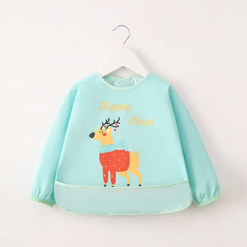 Cartoon Baby Striped Long Sleeve Scarf Waterproof Toddler Art Smock Feeding Bib Apron Pocket Infant Boys Girls Burp Cloth Bibs