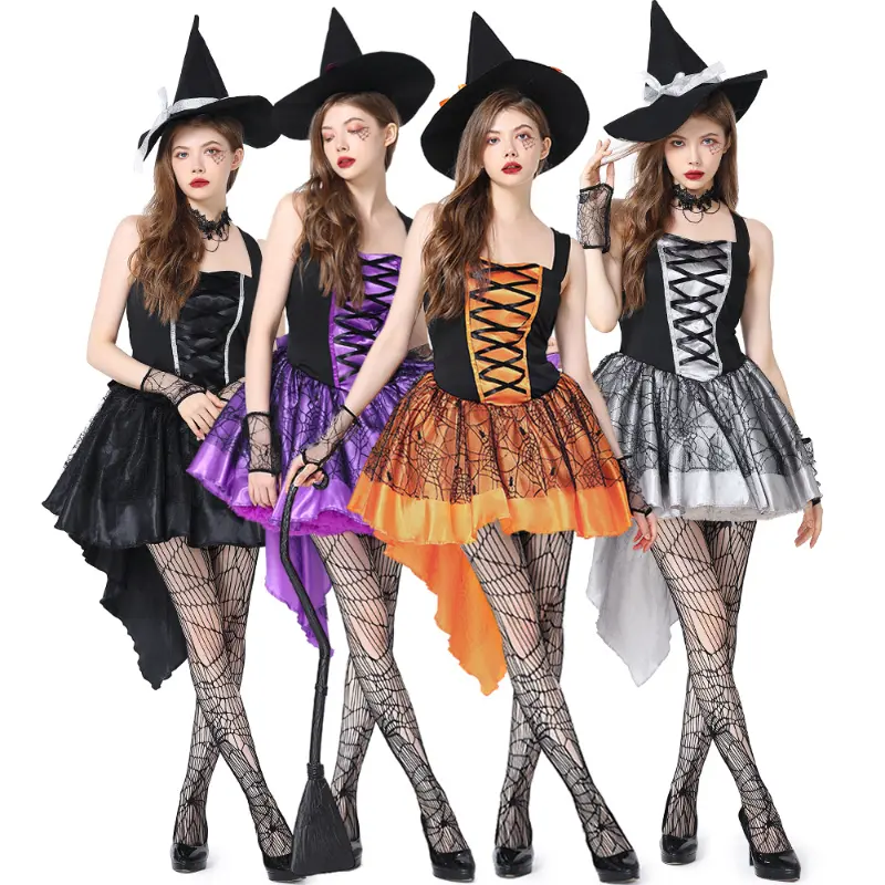 New Halloween Cosplay Costume Solid Color Purple Orange Mesh Suspender Costume Witch Multi-color Party Cosplay Costume Clothing
