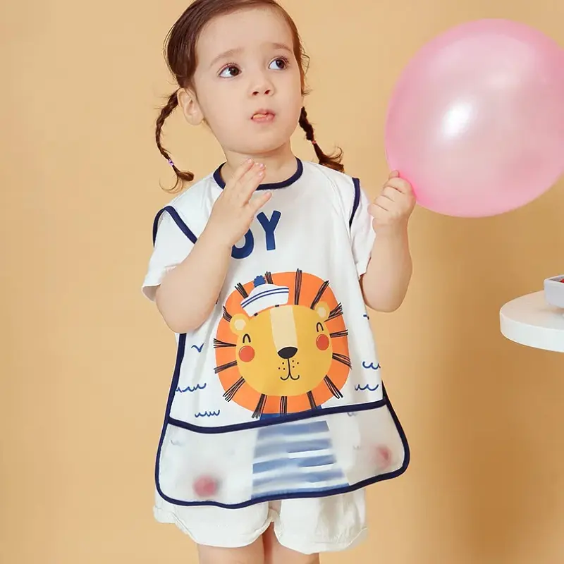Cartoon Baby Striped Long Sleeve Scarf Waterproof Toddler Art Smock Feeding Bib Apron Pocket Infant Boys Girls Burp Cloth Bibs