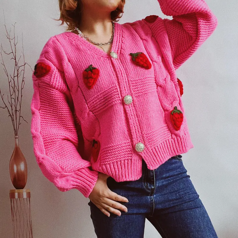 Strawberry Cardigan Women V-Neck Long Sleeves Embroidery Single Breasted Button Sweaters Creative Autumn Winter Casual Relaxed
