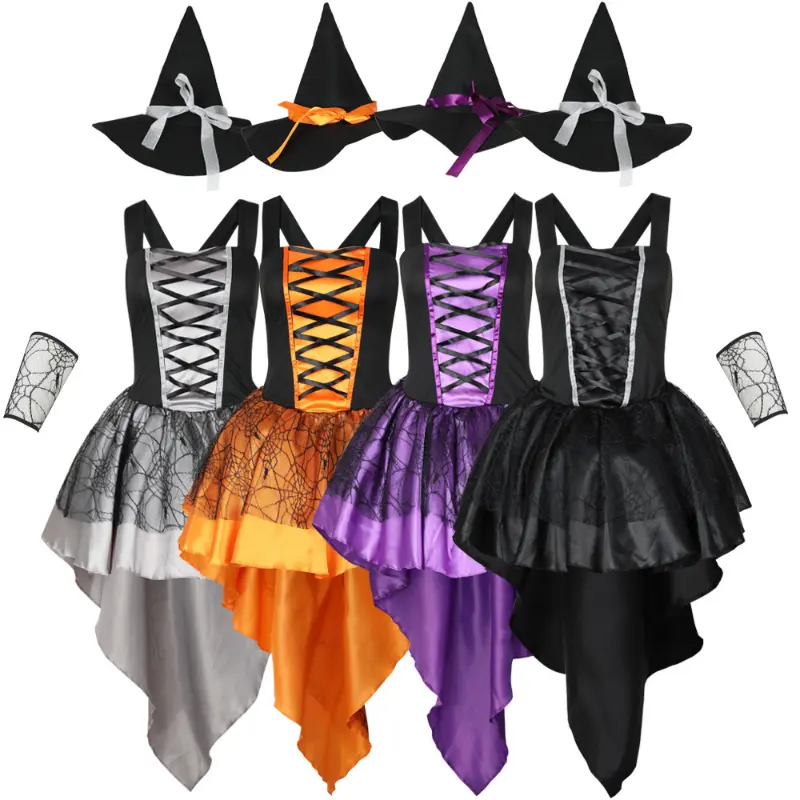 New Halloween Cosplay Costume Solid Color Purple Orange Mesh Suspender Costume Witch Multi-color Party Cosplay Costume Clothing