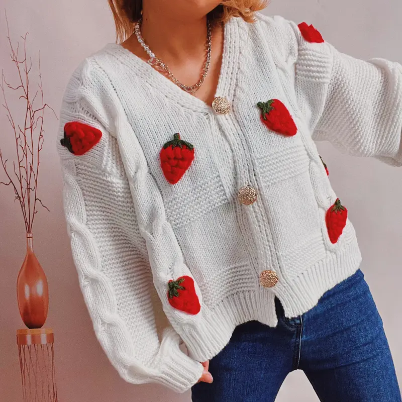 Strawberry Cardigan Women V-Neck Long Sleeves Embroidery Single Breasted Button Sweaters Creative Autumn Winter Casual Relaxed