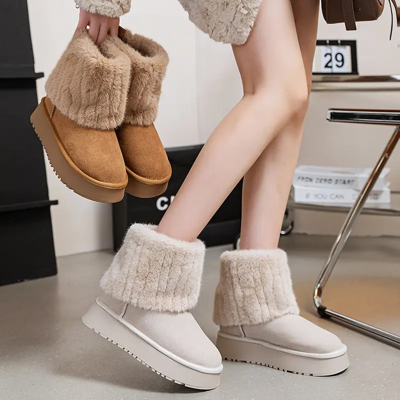 Shoes for Women Winter Women's Boots Round Toe Solid Flock Plush Warm Mid Heel Water Proof Casual Snow Boots Women