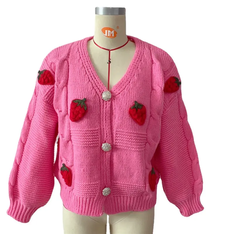 Strawberry Cardigan Women V-Neck Long Sleeves Embroidery Single Breasted Button Sweaters Creative Autumn Winter Casual Relaxed