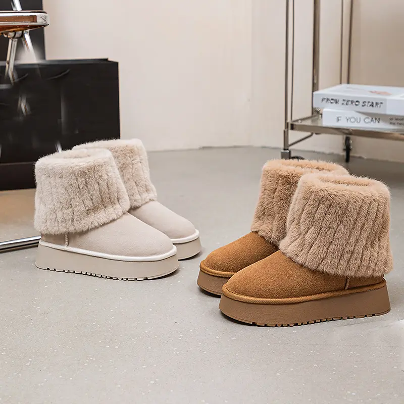 Shoes for Women Winter Women's Boots Round Toe Solid Flock Plush Warm Mid Heel Water Proof Casual Snow Boots Women