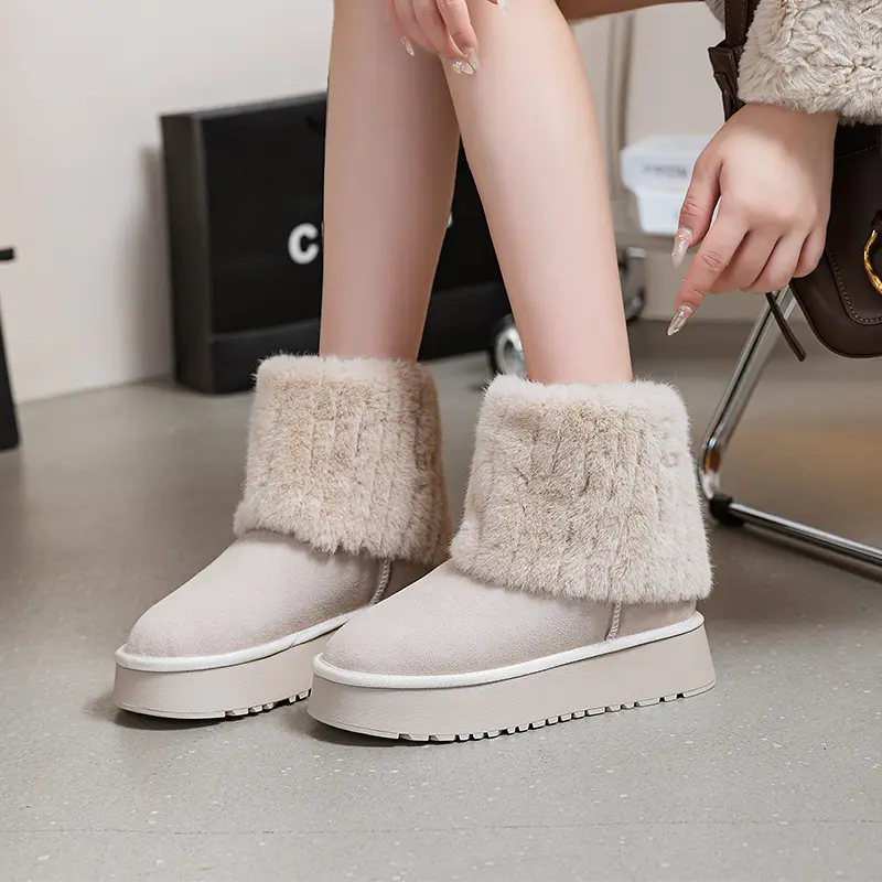 Shoes for Women Winter Women's Boots Round Toe Solid Flock Plush Warm Mid Heel Water Proof Casual Snow Boots Women