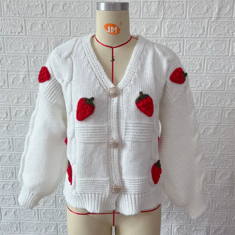 Strawberry Cardigan Women V-Neck Long Sleeves Embroidery Single Breasted Button Sweaters Creative Autumn Winter Casual Relaxed
