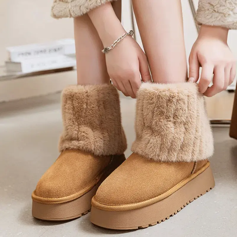Shoes for Women Winter Women's Boots Round Toe Solid Flock Plush Warm Mid Heel Water Proof Casual Snow Boots Women