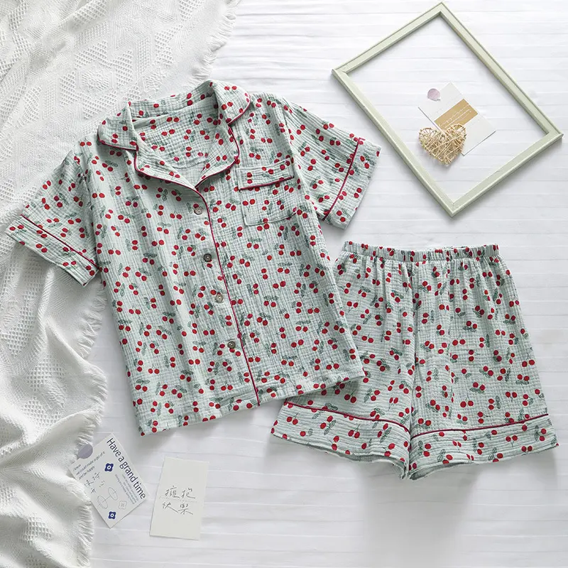 Summer Women's Homewear Fresh Cotton Gauze Double Crepe Pajama Sets Thin Cardigan Loose Comfortable Loungewear
