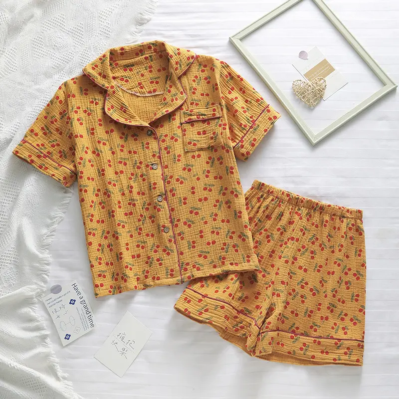 Summer Women's Homewear Fresh Cotton Gauze Double Crepe Pajama Sets Thin Cardigan Loose Comfortable Loungewear
