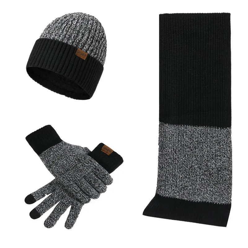 3pcs Winter Scarf Touchscreen Gloves for Warm Knit Fleece Lined Hat Set Leather Label Fur Ball Cap New Styles for Men and Women