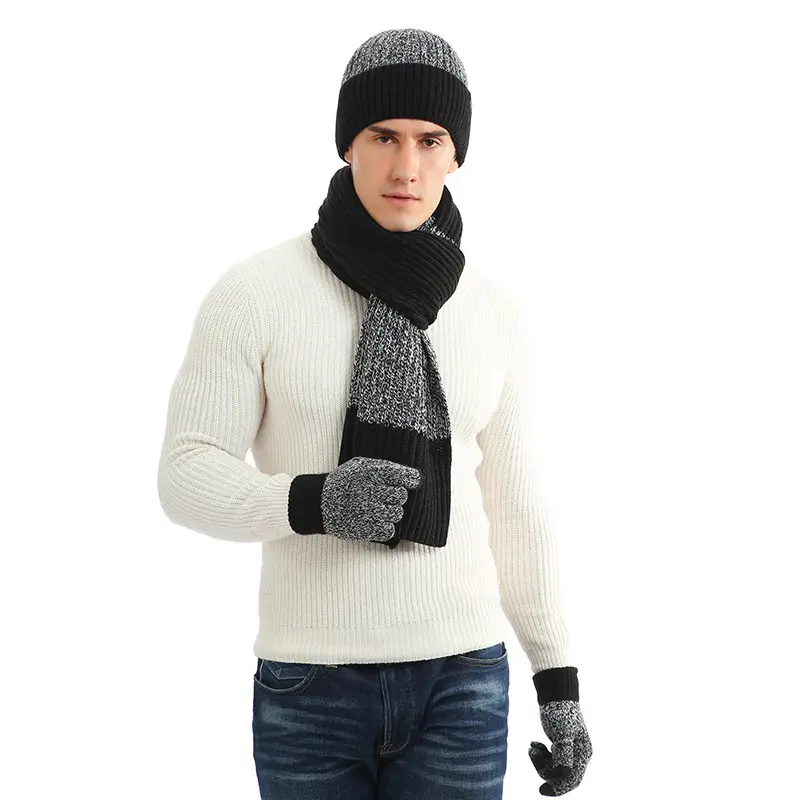 3pcs Winter Scarf Touchscreen Gloves for Warm Knit Fleece Lined Hat Set Leather Label Fur Ball Cap New Styles for Men and Women