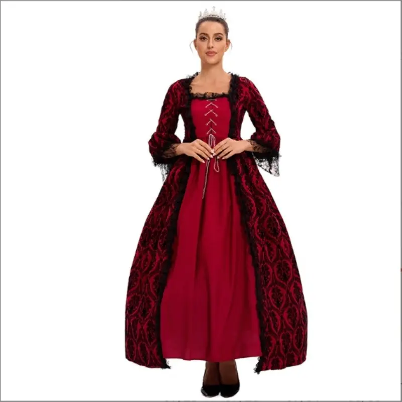 New Medieval Renaissance European and American Lace Splicing Trumpet Queen Dress Party Role Playing Square Collar Palace Dress