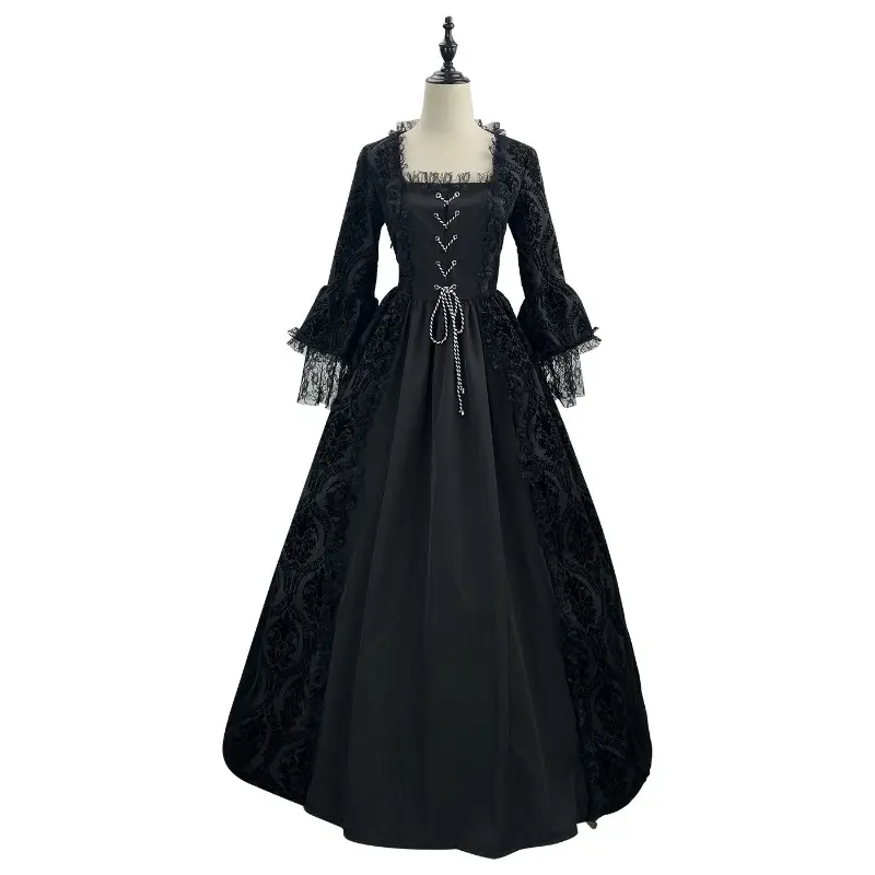 New Medieval Renaissance European and American Lace Splicing Trumpet Queen Dress Party Role Playing Square Collar Palace Dress