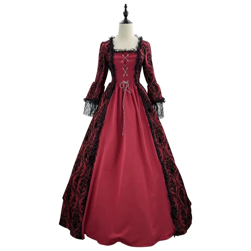New Medieval Renaissance European and American Lace Splicing Trumpet Queen Dress Party Role Playing Square Collar Palace Dress