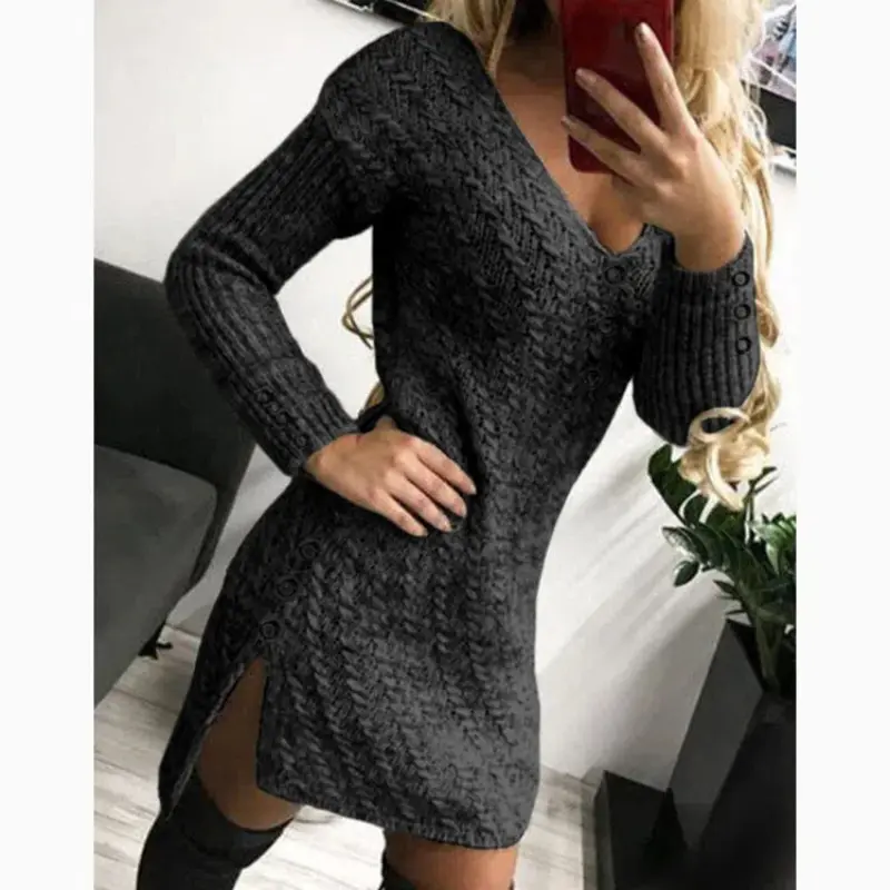 New Autumn and Winter New Knitted Skirt V-neck Slimming Sexy Tight Fitting Medium and Long Styles Temperament Solid Color Dress
