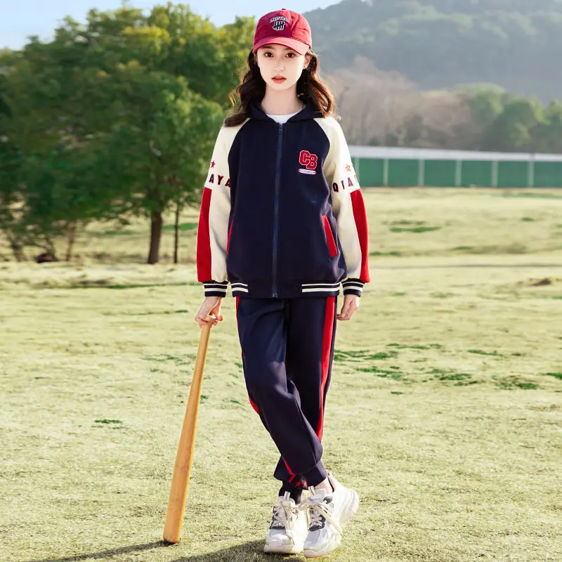 Children's Sets Spring and Autumn Patchwork Sports Girls Zipper Hooded Jacket Casual Pants Two Piece Set Children's Sets