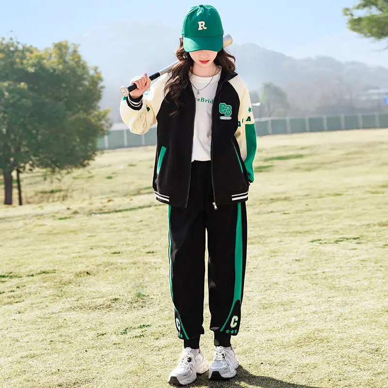 Children's Sets Spring and Autumn Patchwork Sports Girls Zipper Hooded Jacket Casual Pants Two Piece Set Children's Sets