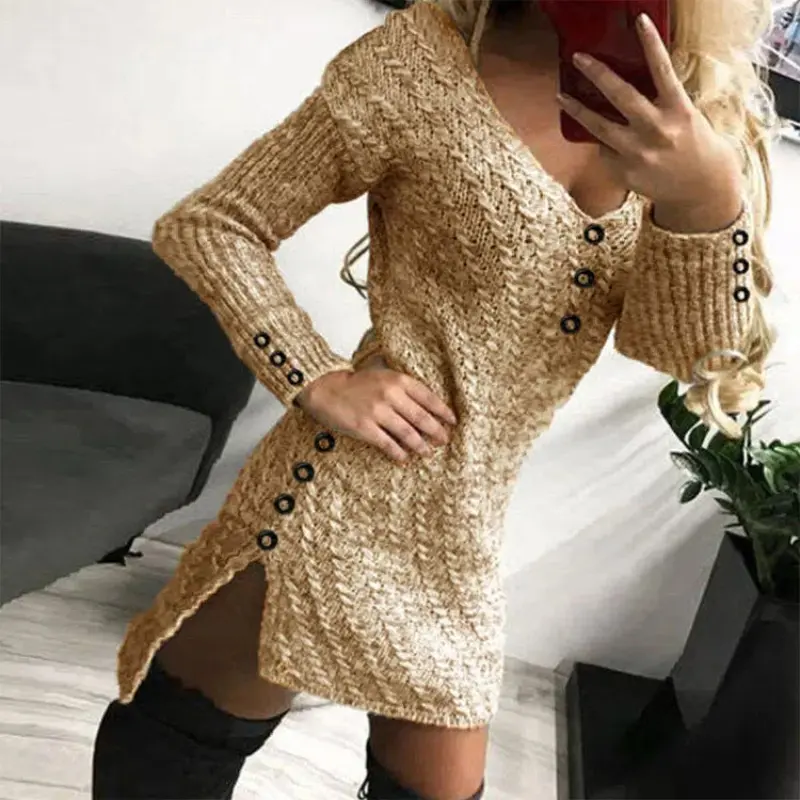 New Autumn and Winter New Knitted Skirt V-neck Slimming Sexy Tight Fitting Medium and Long Styles Temperament Solid Color Dress