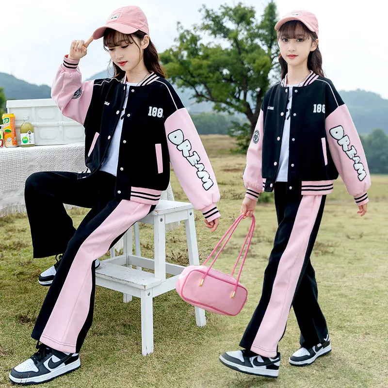 Children's Sportswear Fashion Girls Clothes Sets 2024 Sport Baseball Kids Autumn Long Sleeve Coat Pants 2PCS Children Clothing