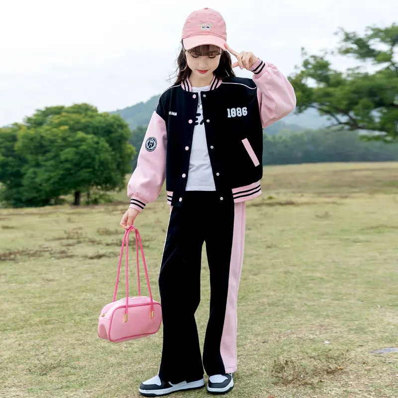 Children's Sportswear Fashion Girls Clothes Sets 2024 Sport Baseball Kids Autumn Long Sleeve Coat Pants 2PCS Children Clothing
