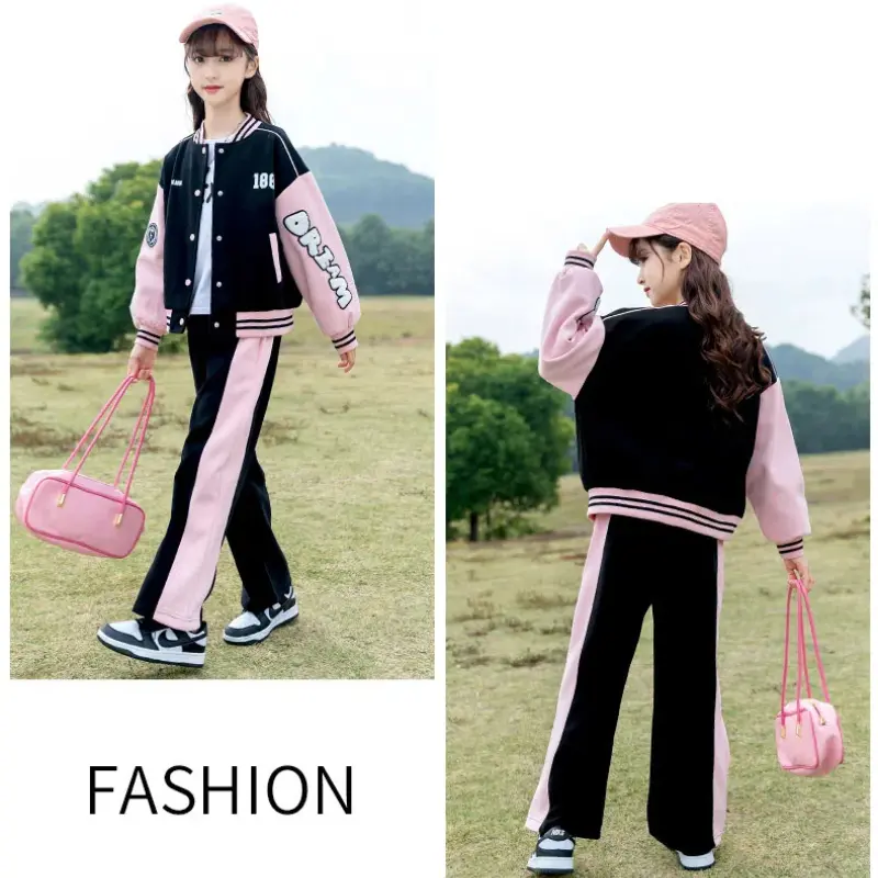 Children's Sportswear Fashion Girls Clothes Sets 2024 Sport Baseball Kids Autumn Long Sleeve Coat Pants 2PCS Children Clothing