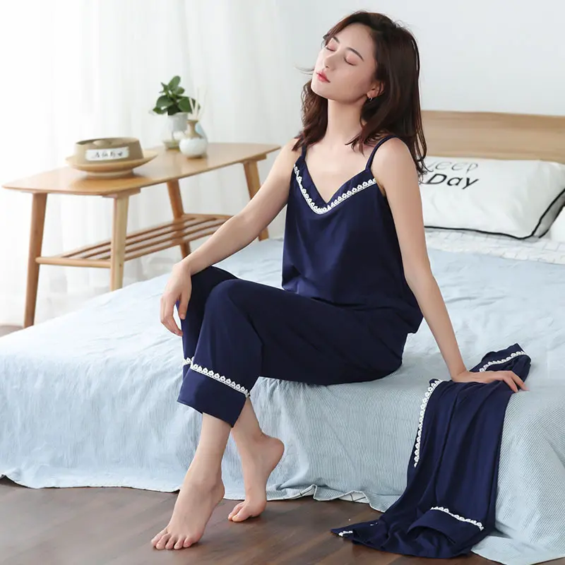 Women's Sleepwear Perfect For Casual Home Nightdress Sexy Bamboo Fiber Lace-Edged Three-Piece Suit For Summer Spring Autumn