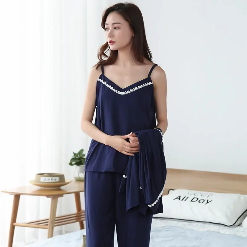 Women's Sleepwear Perfect For Casual Home Nightdress Sexy Bamboo Fiber Lace-Edged Three-Piece Suit For Summer Spring Autumn